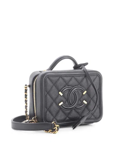 Pre-owned Chanel Filigree Vanity Case Quilted Caviar Small Satchel In Black
