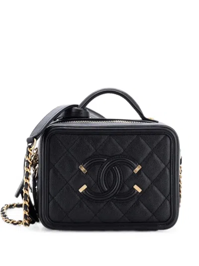 Pre-owned Chanel Filigree Vanity Case Quilted Caviar Small Satchel In Black