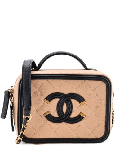 Pre-owned Chanel Filigree Vanity Case Quilted Caviar Small Satchel In Black