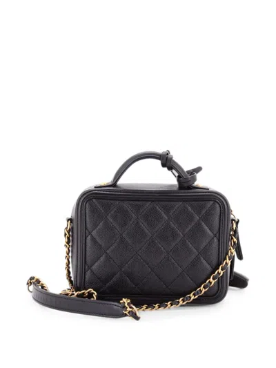 Pre-owned Chanel Filigree Vanity Case Quilted Caviar Small Satchel In Black