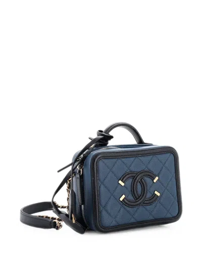 Pre-owned Chanel Filigree Vanity Case Quilted Caviar Small Satchel In Black