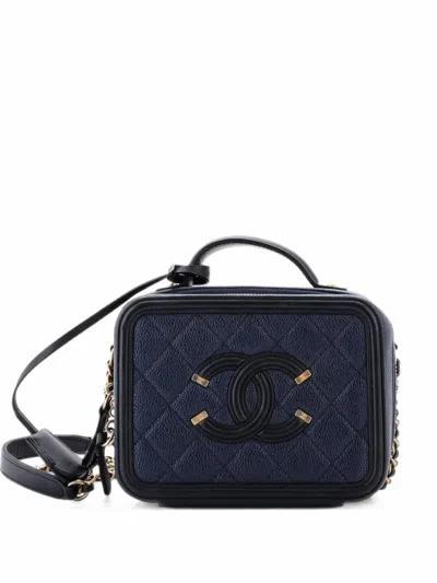 Pre-owned Chanel Filigree Vanity Case Quilted Caviar Small Satchel In Black