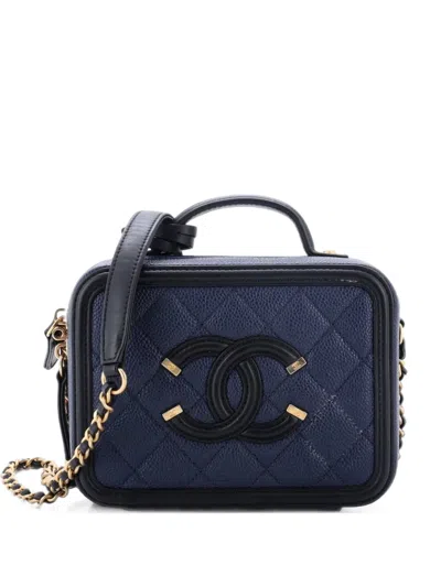 Pre-owned Chanel Filigree Vanity Case Quilted Caviar Small Satchel In Black