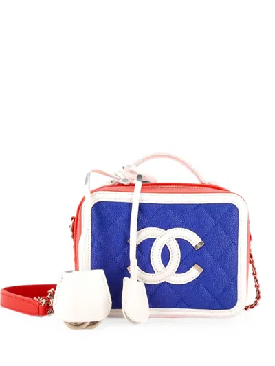 Pre-owned Chanel Filigree Vanity Case Quilted Caviar Small Satchel In Blue