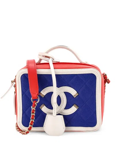 Pre-owned Chanel Filigree Vanity Case Quilted Caviar Small Satchel In Blue