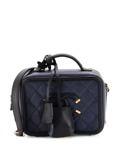 Pre-owned Chanel Filigree Vanity Case Quilted Caviar Small Satchel In Blue
