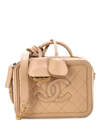 Pre-owned Chanel Filigree Vanity Case Quilted Caviar Small Satchel In Neutrals