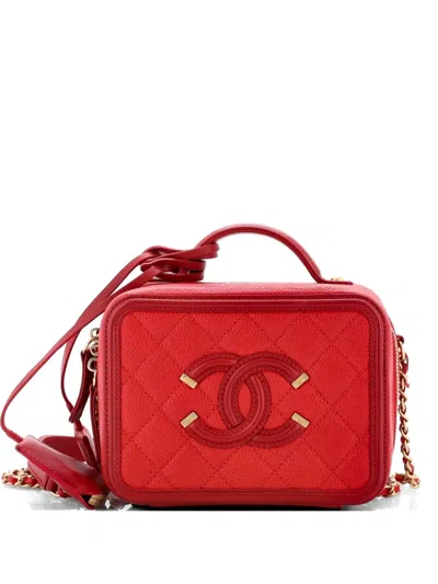 Pre-owned Chanel Filigree Vanity Case Quilted Caviar Small Satchel In Red