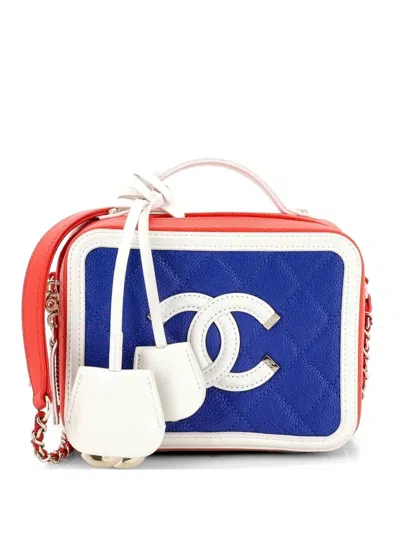Pre-owned Chanel Filigree Vanity Case Quilted Caviar Small Satchel In Red