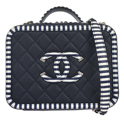 Pre-owned Chanel Filigree Vanity Case Quilted Caviar With Striped Leather Navy Leather Clutche & Pouche Bag (p