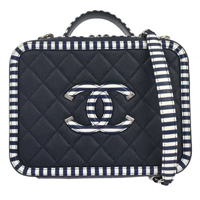 Pre-owned Chanel Filigree Vanity Case Quilted Caviar With Striped Leather Navy Leather Clutche & Pouche Bag (p