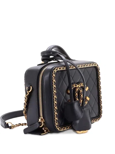 Pre-owned Chanel Filigree Vanity Case Quilted Goatskin With Chain Detail Small Satchel In Black
