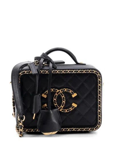 Pre-owned Chanel Filigree Vanity Case Quilted Goatskin With Chain Detail Small Satchel In Black