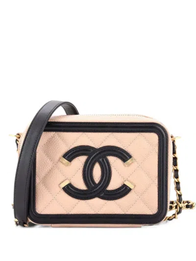 Pre-owned Chanel Filigree Vanity Clutch With Chain Quilted Caviar Mini Crossbody Bag In Black