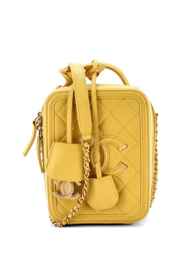 Pre-owned Chanel Filigree Vertical Vanity Case Quilted Caviar Crossbody Bag In Yellow