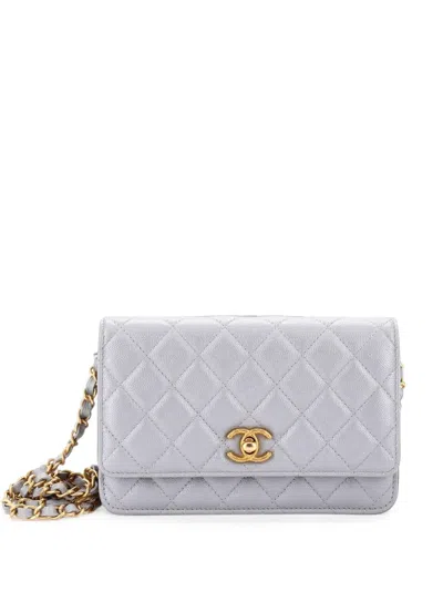 Pre-owned Chanel Fit For You Wallet On Chain Quilted Iridescent Caviar Crossbody Bag In Grey