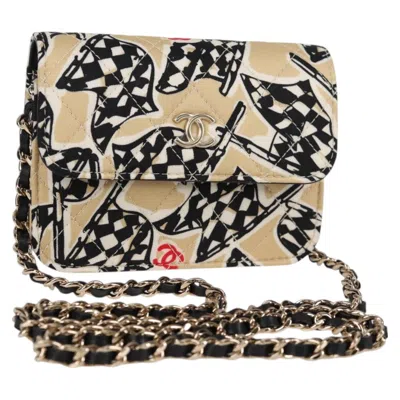Pre-owned Chanel Flap Card Holder On Chain Quilted Printed Canvas Beige Nylon Shoulder Bag Bag () In Sand