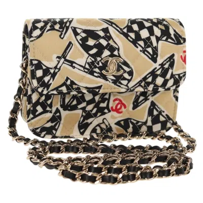 Pre-owned Chanel Flap Card Holder On Chain Quilted Printed Canvas Beige Satin Bag () In Sand