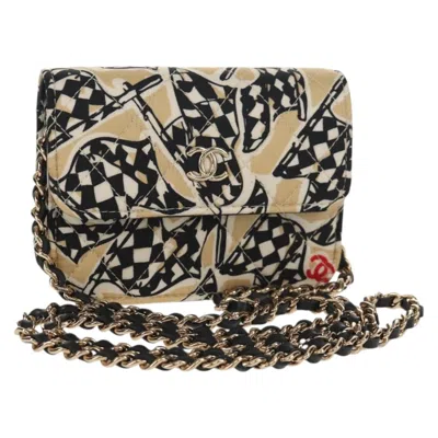 Pre-owned Chanel Flap Card Holder On Chain Quilted Printed Canvas Beige Satin Clutche & Pouche Bag () In Sand