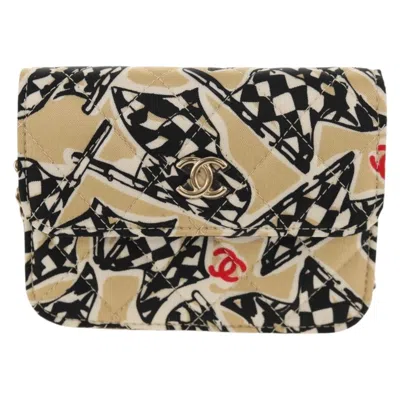 Pre-owned Chanel Flap Card Holder On Chain Quilted Printed Canvas Beige Satin Shoulder Bag Bag ()
