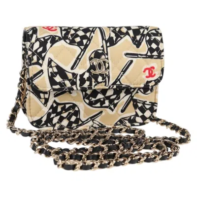 Pre-owned Chanel Flap Card Holder On Chain Quilted Printed Canvas Canvas Clutche & Pouche Bag () In Sand
