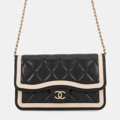 Pre-owned Chanel Flap Phone Case Black/beige Lambskin In Sand