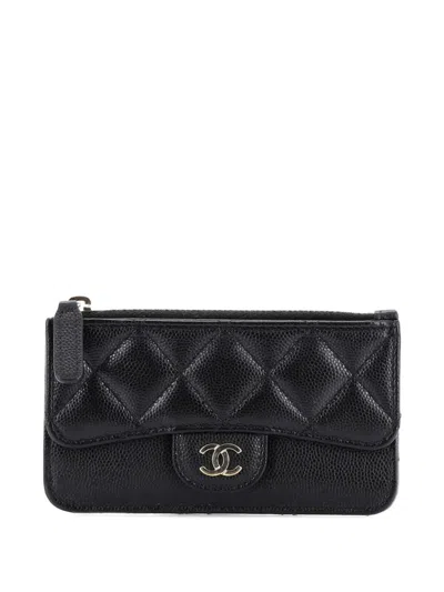 Pre-owned Chanel Flap Zip Quilted Caviar Card Holder In Black