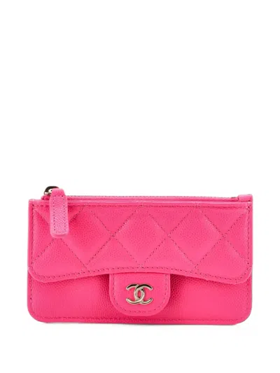 Pre-owned Chanel Flap Zip Quilted Caviar Card Holder In Pink