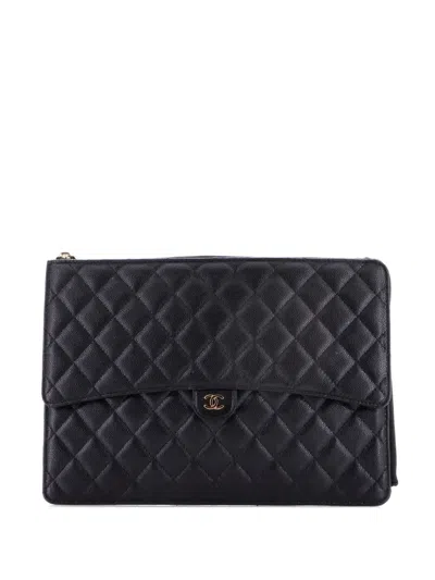 Pre-owned Chanel Flap Zip Quilted Caviar Large Clutch Bag In Black