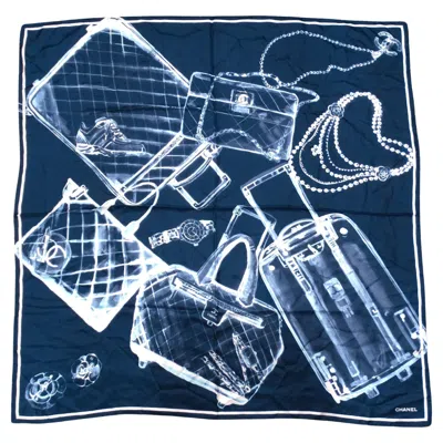 Pre-owned Chanel "flight Now Boarding" Bleu Marine & Blanc X-ray Print Silk Scarf In Purple