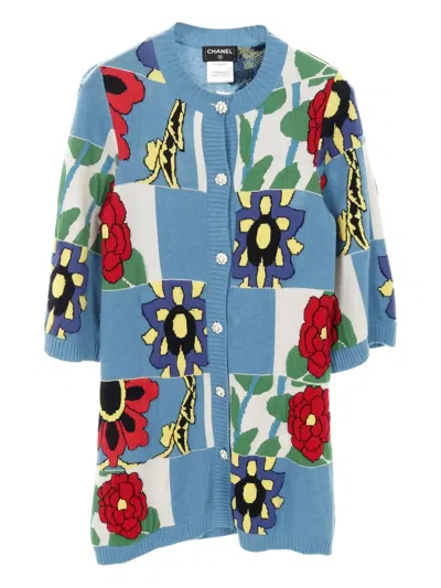 Pre-owned Chanel Floral-button Cardi-coat In Blue