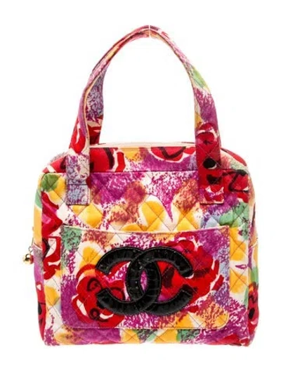 Pre-owned Chanel Floral Canvas Handle Bag In Red