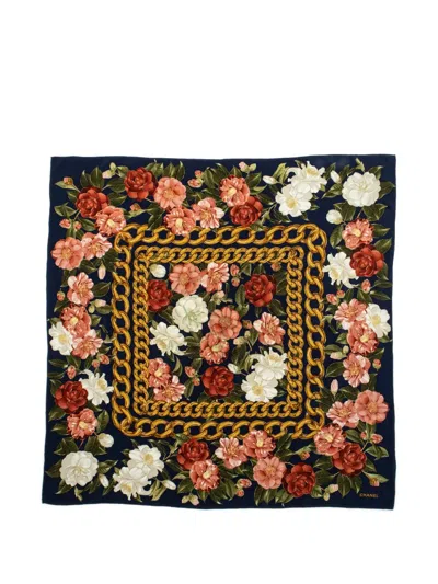 Pre-owned Chanel Floral Chain-link Scarf In Blue