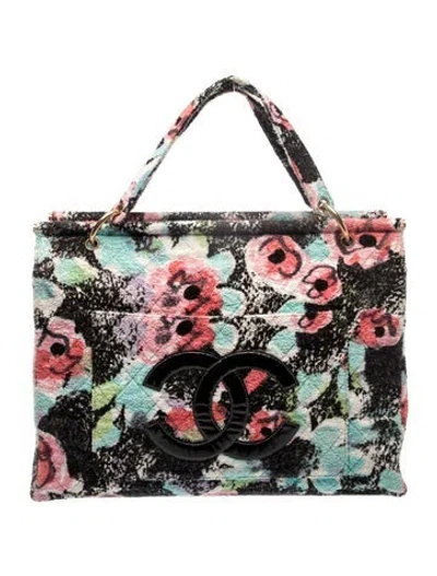 Pre-owned Chanel Floral Tropical Beach Tote Bag In Black