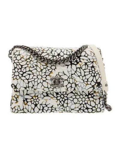 Pre-owned Chanel Floral Tweed Messenger Bag In White