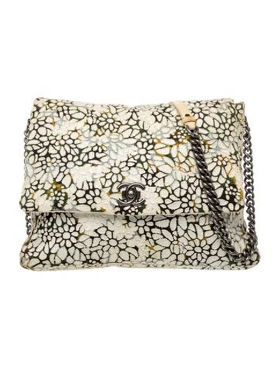 Pre-owned Chanel Floral Tweed Messenger Bag In White