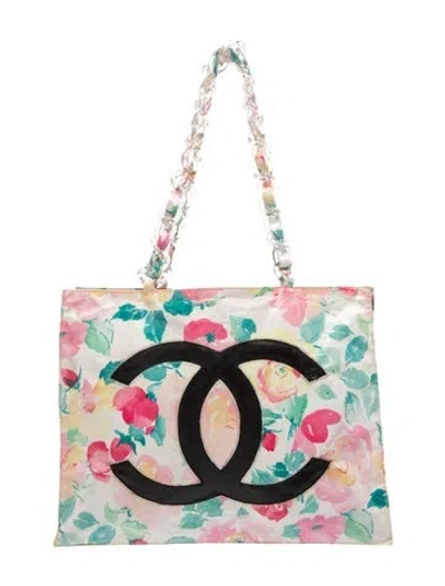 Pre-owned Chanel Floral Vinyl Cc Tote In White