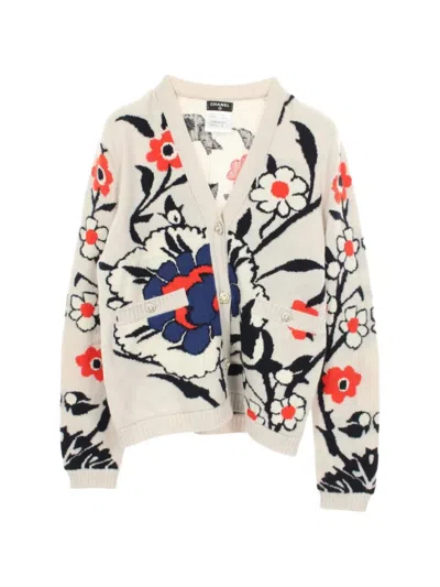 Pre-owned Chanel Floral-pattern V-neck Cardigan In Grey