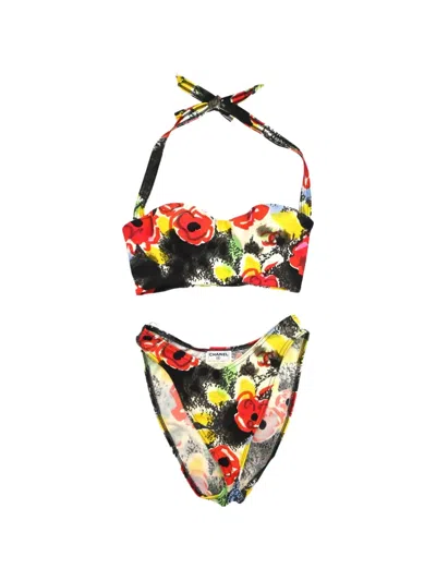 Pre-owned Chanel Floral-print Halterneck Bikini In Black