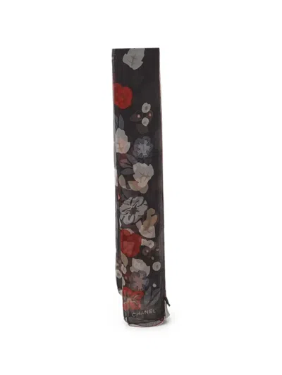 Pre-owned Chanel Floral-print Silk Scarf In Black