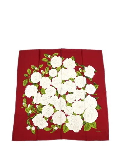 Pre-owned Chanel Floral-print Silk Scarf In Red