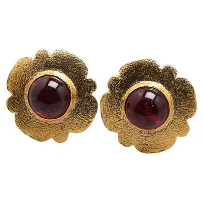 Pre-owned Chanel Flower Motif Earrings Gold Red