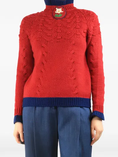 Pre-owned Chanel Flower Patch Cable-knit Sweater In Red