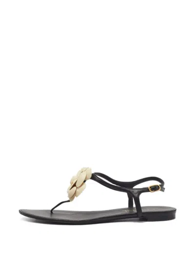 Pre-owned Chanel Flower-embellished Slingback Sandals In Black