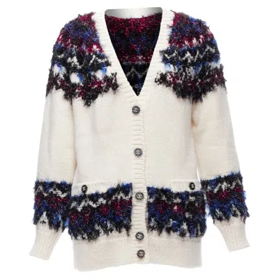 Pre-owned Chanel Fluffy Lurex Intarsia Crystal Cc Button Cardigan In White