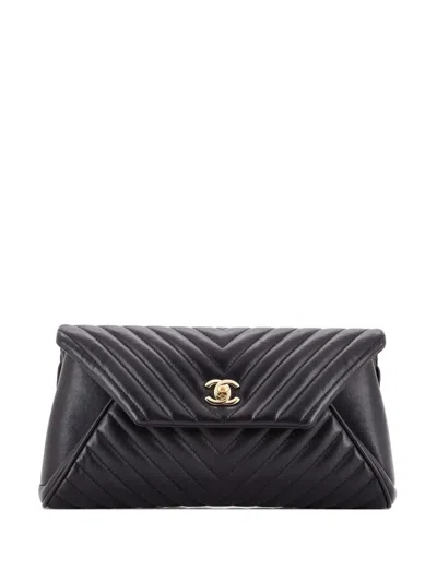 Pre-owned Chanel Fold Up Again Chevron Sheepskin Clutch Bag In Black
