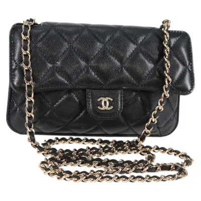 Pre-owned Chanel Foldable Tote Bag With Chain Quilted Caviar With Printed Nylon Leather Bag () In Black