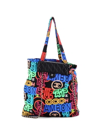 Pre-owned Chanel Foldable With Chain Quilted Caviar With Printed Nylon Tote Bag In Multi