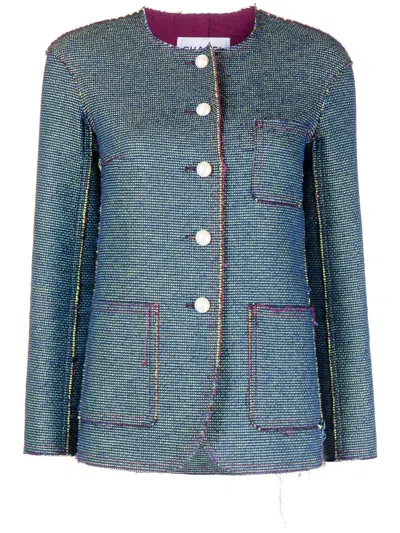 Pre-owned Chanel Frayed Collarless Jacquard Jacket In Blue