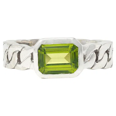 Pre-owned Chanel French 1980's Peridot 18k White Gold Curb Link Bezel Vintage Band Ring